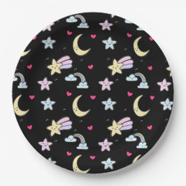 Prato De Papel Lua, Estrelas e Nuvens Padrão em Preto