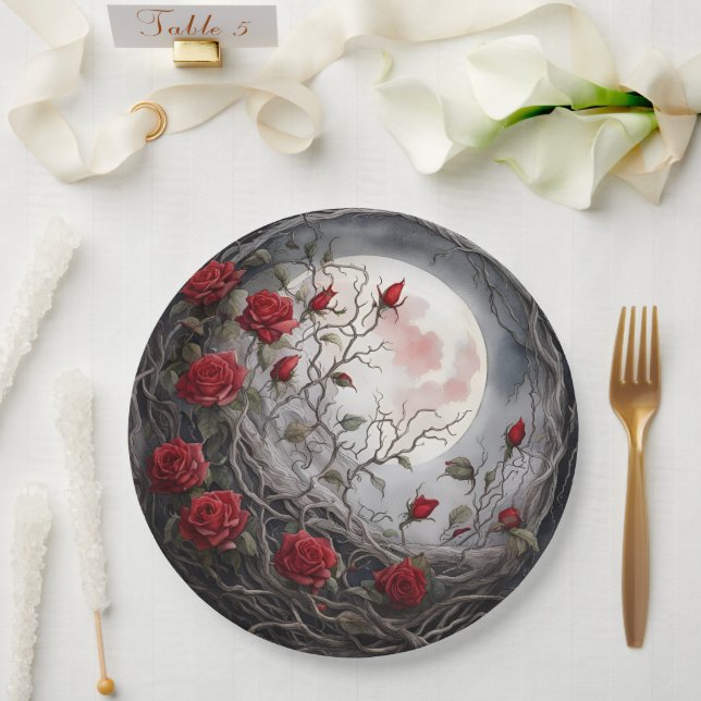 Prato De Papel Lua Gótica & Rosa Vermelha (Casamento)