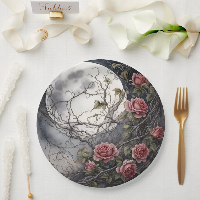 Prato De Papel Lua Gótica & Rosa Vermelha (Casamento)