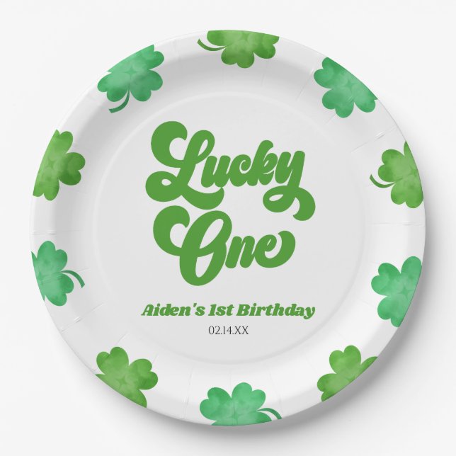 Prato De Papel Lucky One Green Shamrock Clover 1st Birthday Party (Frente)