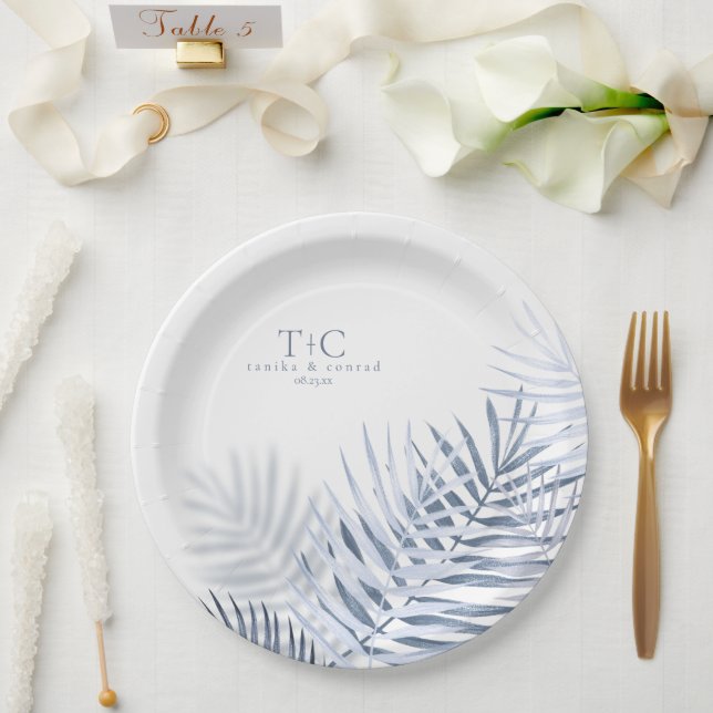 Prato De Papel Lush Palm Leaf Wedding Blue/Wht ID956 (Casamento)
