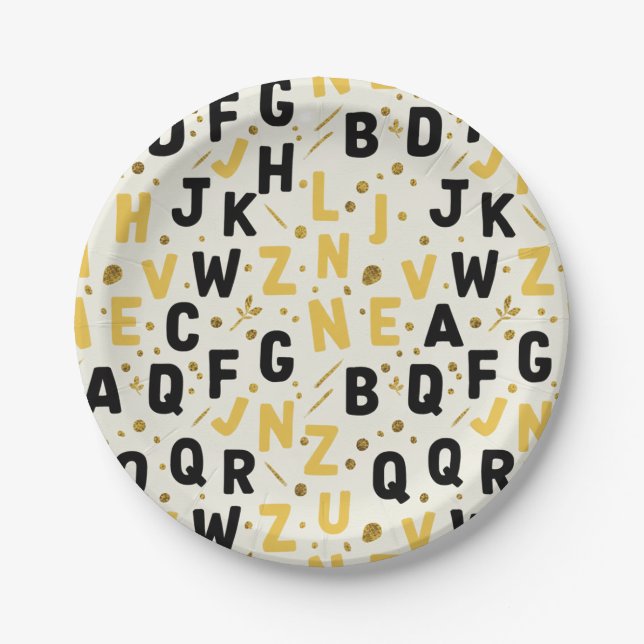 Prato De Papel Luxe Gold and Black Alphabet (Frente)