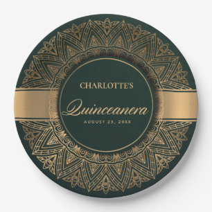 PRATO DE PAPEL LUXE GREEN DOURADO CLÁSSICO MANDALA QUINCEANERA
