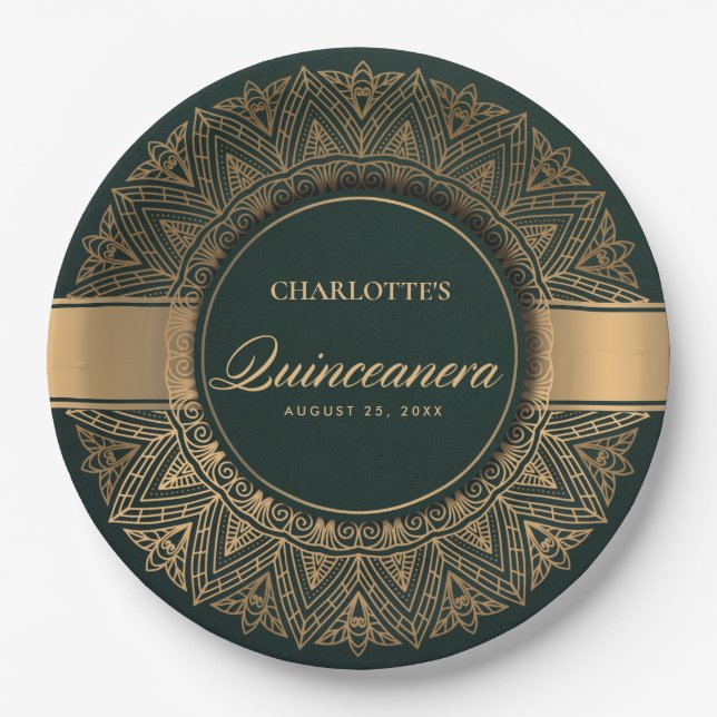 PRATO DE PAPEL LUXE GREEN DOURADO CLÁSSICO MANDALA QUINCEANERA (Frente)