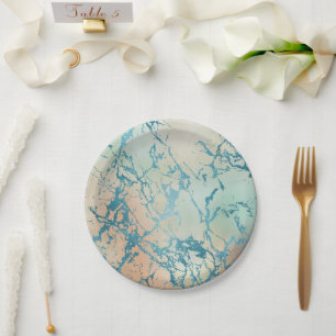 Prato De Papel Luxe Marble   Linda Veia Amarela e Coral-Teal