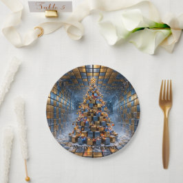 Prato De Papel Luxo Dourado Azul Floco de Neve derretido Natal