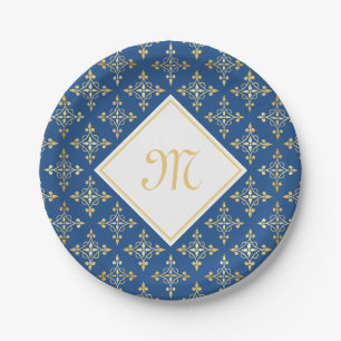 Prato De Papel Luxo Monograma Azul e Dourado Quatre Floral