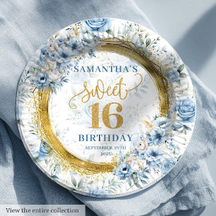 Prato De Papel Luxury Dusty Blue Sweet 16 Dourado partido Glitter