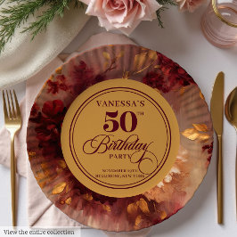 Prato De Papel Luxury Marsala Blush Dourado Floral 50º Aniversári