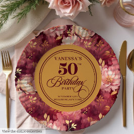 Prato De Papel Luxury Marsala Blush Dourado Floral 50º Aniversári
