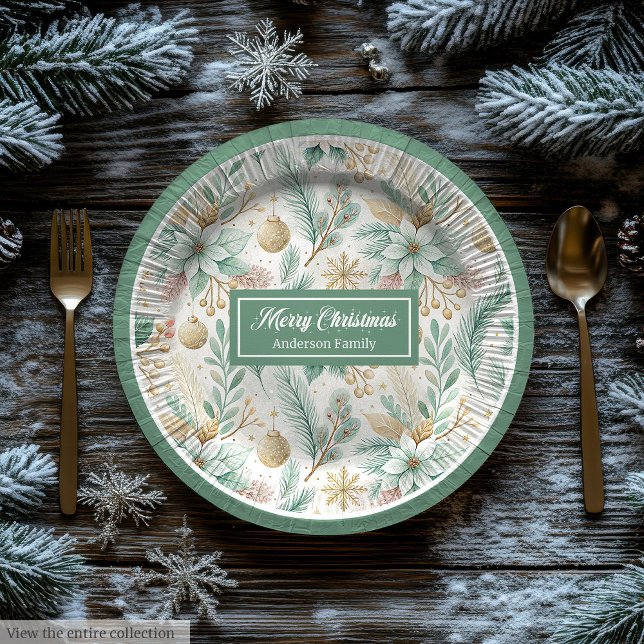 Prato De Papel Luxury Paper Plates White Poinsettia Sage and gold (Luxury Paper Plates White Poinsettia Sage and gold)