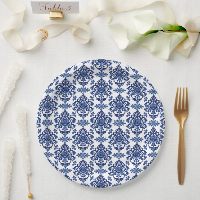 Prato De Papel Luxury Royal Blue and White Baroque Floral Pattern (Casamento)