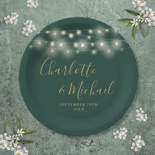 Prato De Papel Luzes de Corda Assinatura Script Verde Casamento D (String Lights Signature Script Green Gold Wedding Paper Plates)