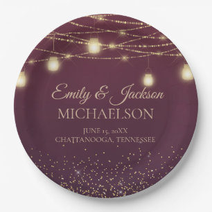 Prato De Papel Luzes de Corda Elegantes Burgundy Dourado Casament