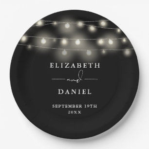 Prato De Papel Luzes de Corda Elegantes Casamento Preto e Branco