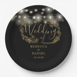 Prato De Papel Luzes de Corda Floral Preto e Dourado Casamento