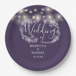 Prato De Papel Luzes de Corda Floral Roxo Casamento Script