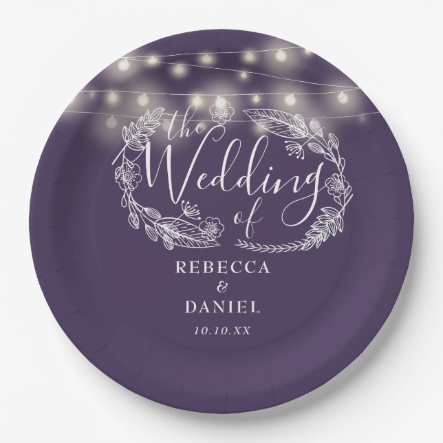 Prato De Papel Luzes de Corda Floral Roxo Casamento Script (Frente)