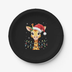 Prato De Papel Luzes de Natal de Girafa Fofa Chapéu do Papai Noel