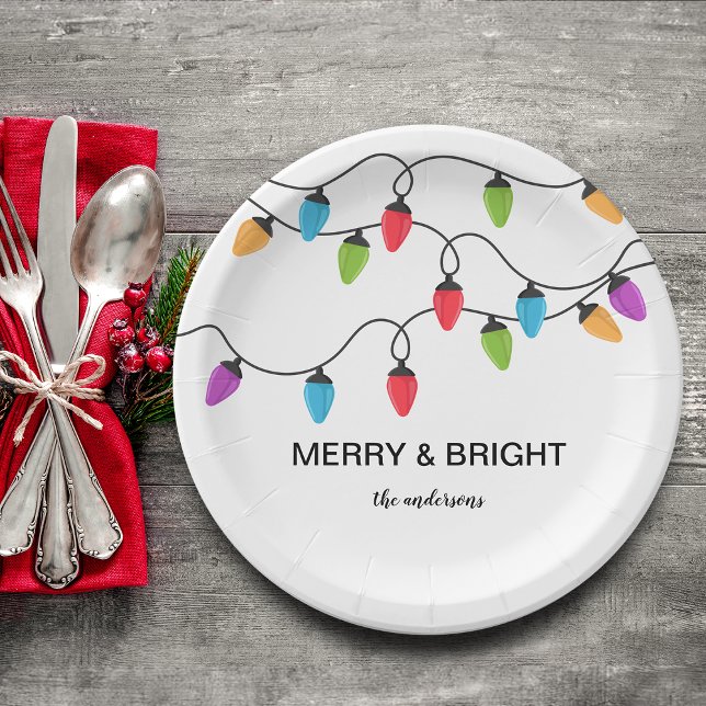 Prato De Papel Luzes de Natal Personalizadas Festivas (Festive Christmas String Lights Personalized Paper Plates)
