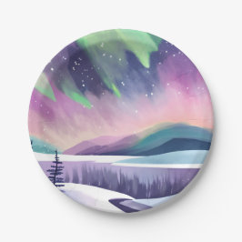 Prato De Papel Luzes de norte Coloridas Noite de inverno | Aquare