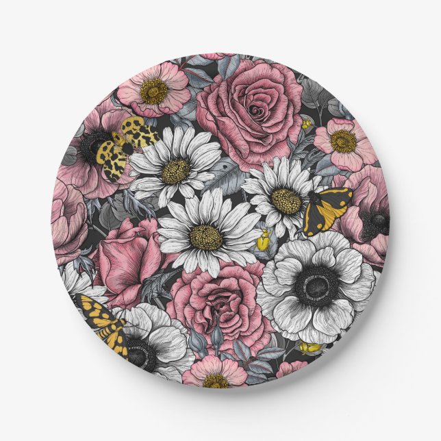 Prato De Papel Luzes sobre mistura de flores em rosa e cinzas (Frente)