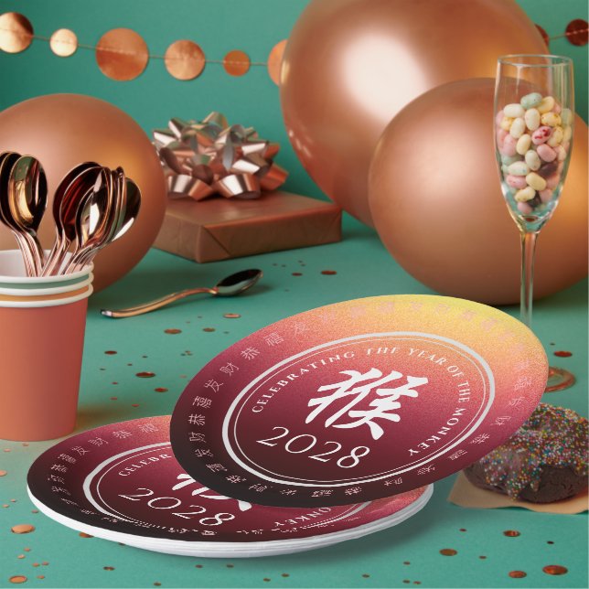 Prato De Papel Macaco 猴 Vermelho Dourado Chinês - Símbolo Zodíaco (Múltiplo)