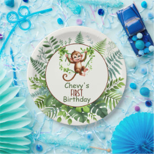 Prato De Papel Macaco da Selva Pendurado no Galho Primeiro Aniver
