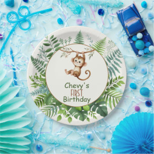 Prato De Papel Macaco da Selva Pendurado no Galho Primeiro Aniver