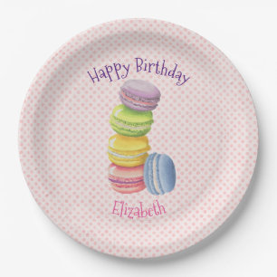 Prato De Papel Macarons French Paery Bolinhas Happy Birday