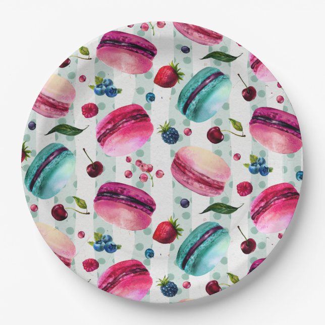 Prato De Papel Macarons - Indústria Francesa De Berries E Bolinha (Frente)