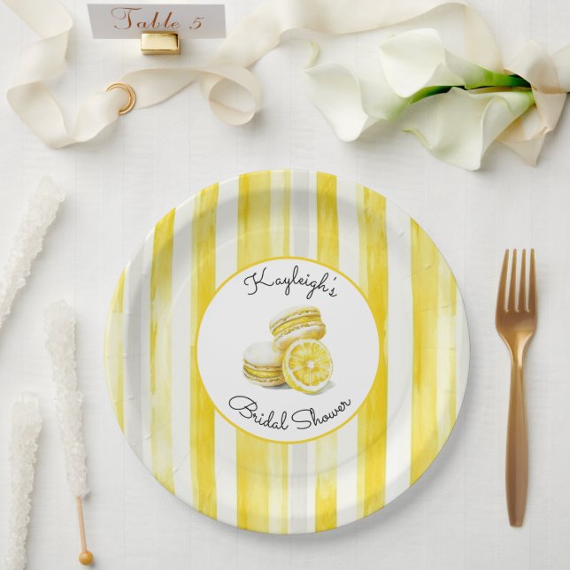 Prato De Papel Macarons Listras Amarelo Limão Chá de Noiva  (Casamento)