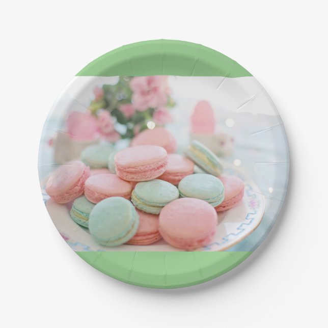 Prato De Papel Macarons verde menta e rosa (Frente)