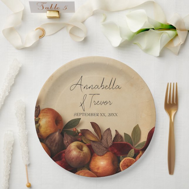 Prato De Papel Maçãs e Figos Rústico Outono Nome Personalizado (Casamento)