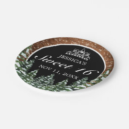 Prato De Papel Madeira Negra e Floresta Pine Tiara Sweet 16