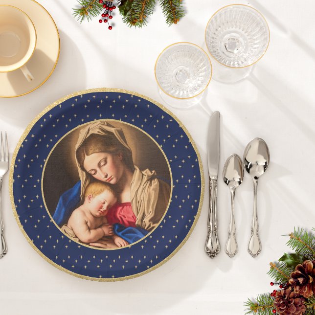 Prato De Papel Madonna e Criança, Natal Religioso Tradicional (Religious Christmas plate mockup with Madonna and Child in blue and gold for Catholics & Christians.)