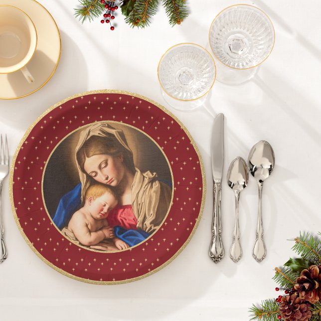 Prato De Papel Madonna e Criança, Natal Religioso Tradicional (Religious Christmas plate with Madonna and Child in red and gold for Christians and Catholics)