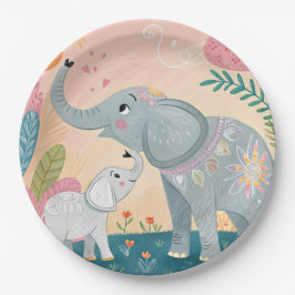 Prato De Papel Mãe e Bebê Elefante