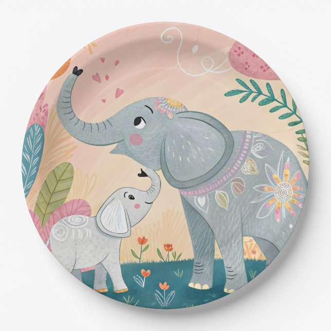 Prato De Papel Mãe e Bebê Elefante (Frente)