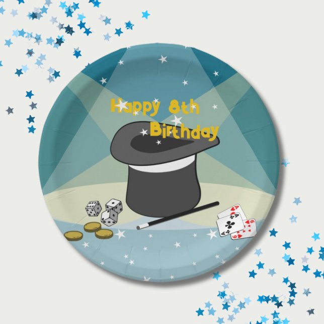 Prato De Papel Magic Show Feliz 8º aniversário Festa de Crianças (Magic Show Happy 8th Birthday Kids Party Paper Plates)