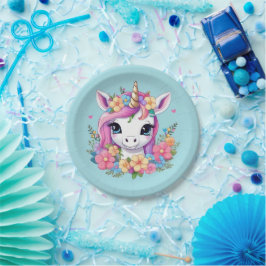 Prato De Papel Magical Baby Unicorn with Flowers