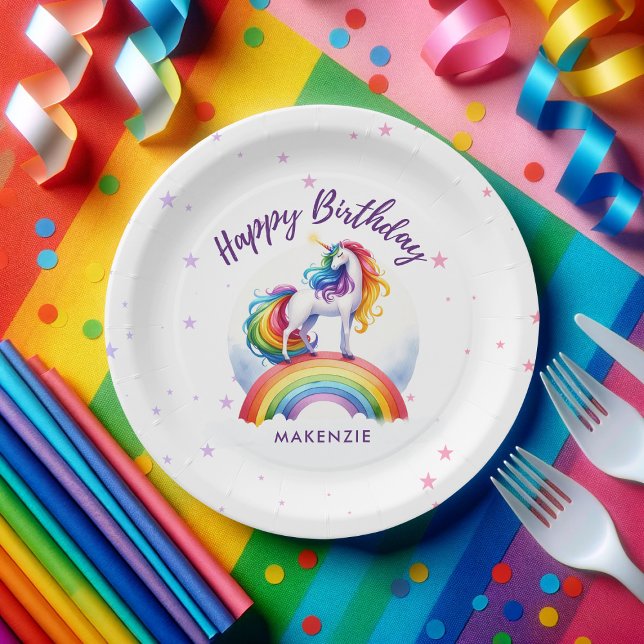 Prato De Papel Magical Rainbow Unicorn Birthday (Magical Unicorn Rainbow Birthday Party Plate)