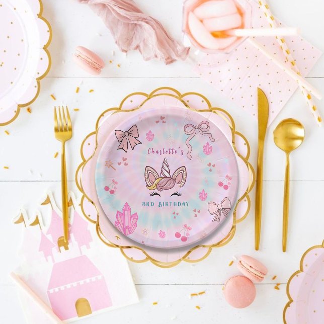 Prato De Papel Magical Tie Dye Unicorn Coquette Bow Birthday  (Criador carregado)