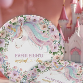 Prato De Papel Magical Unicorn Purple Flower 1st birthday