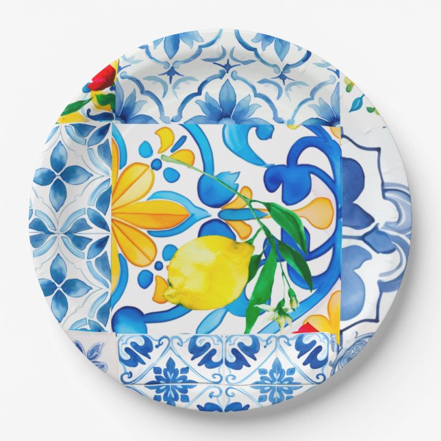 Prato De Papel Majolica, limão, azulejos sicilianos, (Frente)