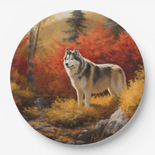 Prato De Papel Malamute do Alasca nas Folhas do outono inspira-se