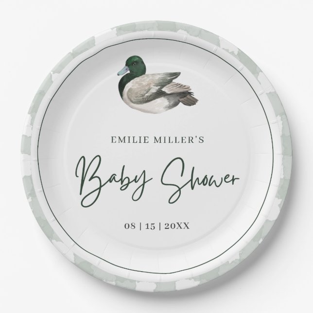Prato De Papel Mallard Duck Baby Shower Gender Neutral Green (Frente)