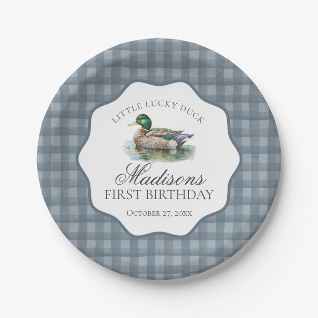 Prato De Papel Mallard Duck Hunting Blue Gingham Boy Birthday (Frente)