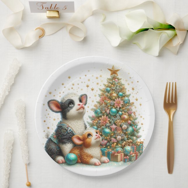 Prato De Papel Mamãe e Bebê Vaca Pastel Natal (Casamento)