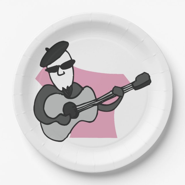 Prato De Papel Man Wearing Beret Playing Acoustic Guitar (Frente)